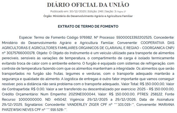 Emenda Parlamentar para compra de furgão